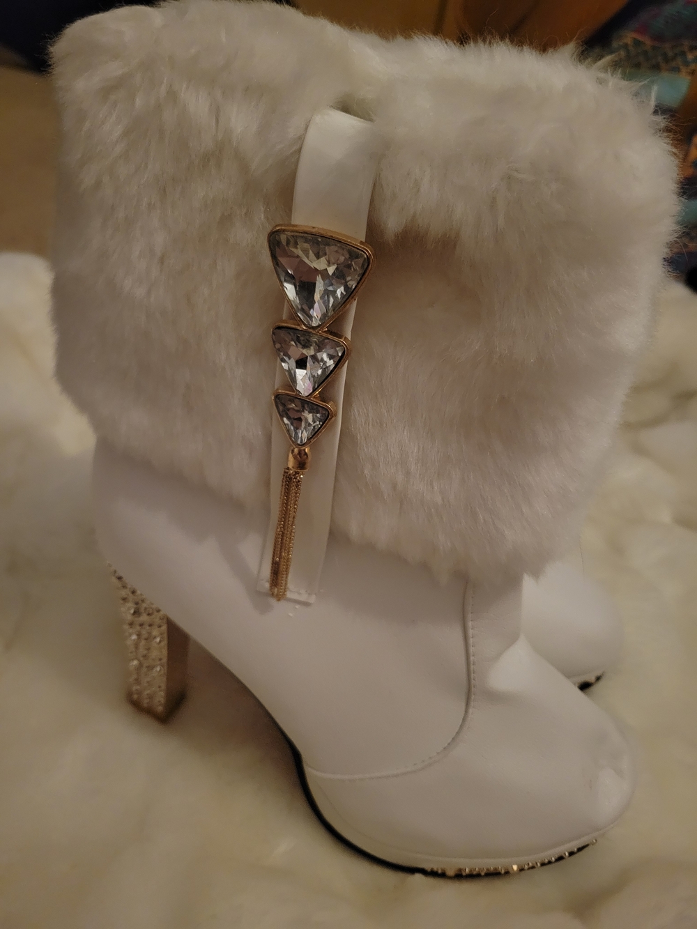 Women's White Faux Fur Crystal Accent Ankle Boots